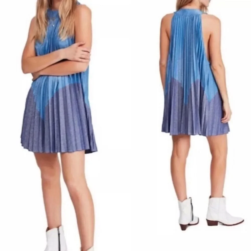 NWOT Free People Pleated Love Blue Metallic Mini Dress Medium